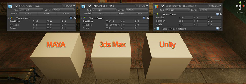 Scale comparison using cubes imported from Autodesk® Maya® and Autodesk® 3ds Max®, and a cube created in Unity