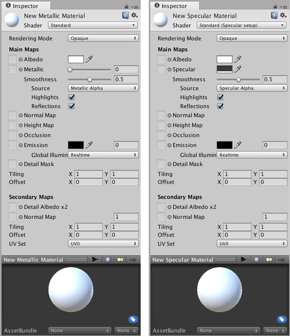 The smoothness parameter, shown in both Metallic & Specular shader modes.
